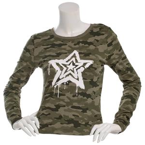 Juniors No Comment Long Sleeve Camo Star Tee - Green