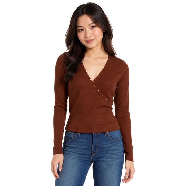 Juniors No Comment Long Sleeve Studded Surplice Wrap Top alternate view