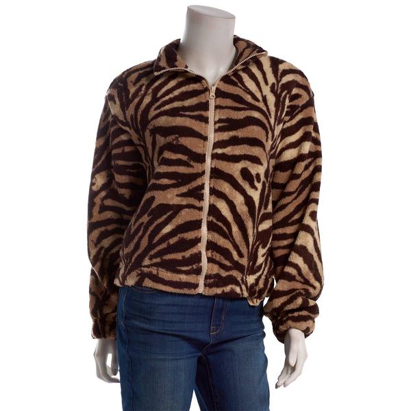 Juniors No Comment Zebra Sherpa Mock Neck Zip Up Jacket