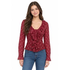 Juniors No Comment Chiffon Dot Princess Seam Ruffle Blouse alternate view