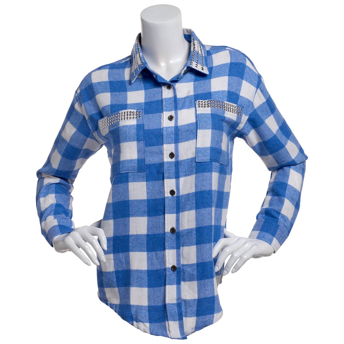 Juniors No Comment Buffalo Oversized Studded Flannel Shirt