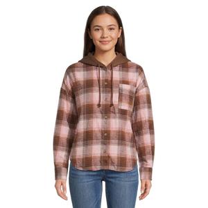 Juniors No Comment Hooded Oversized Plaid Flannel Shirt- Brown