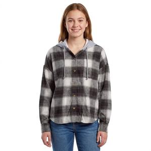 Juniors No Comment Hooded Oversized Plaid Flannel Shirt- Black