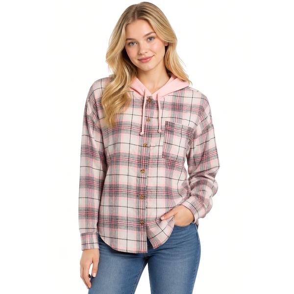 Juniors No Comment Hooded Oversized Plaid Flannel Shirt- Pink alternate view