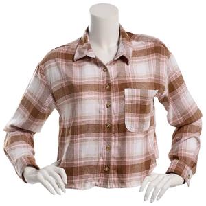 Juniors No Comment Crop Plaid Flannel Top- Pink alternate view