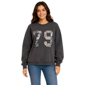 Juniors No Comment Camo Applique Oversized Crew Neck Sweatshirt alternate view
