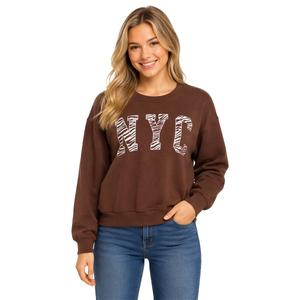 Juniors No Comment NYC Fleece Crew Neck With Headband- Chocolate