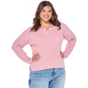 Juniors Plus No Comment Long Sleeve Henley Waffle Stitch Sweater