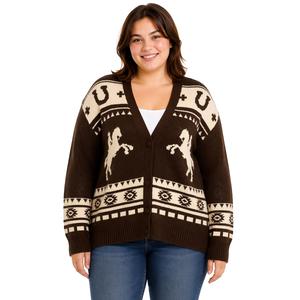 Juniors Plus No Comment Button Front Western Cardigan- Chocolate alternate view