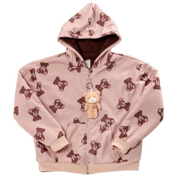 Girls (7-16) No Comment Sherpa Lined Bear Zip Up Hoodie/Keychain