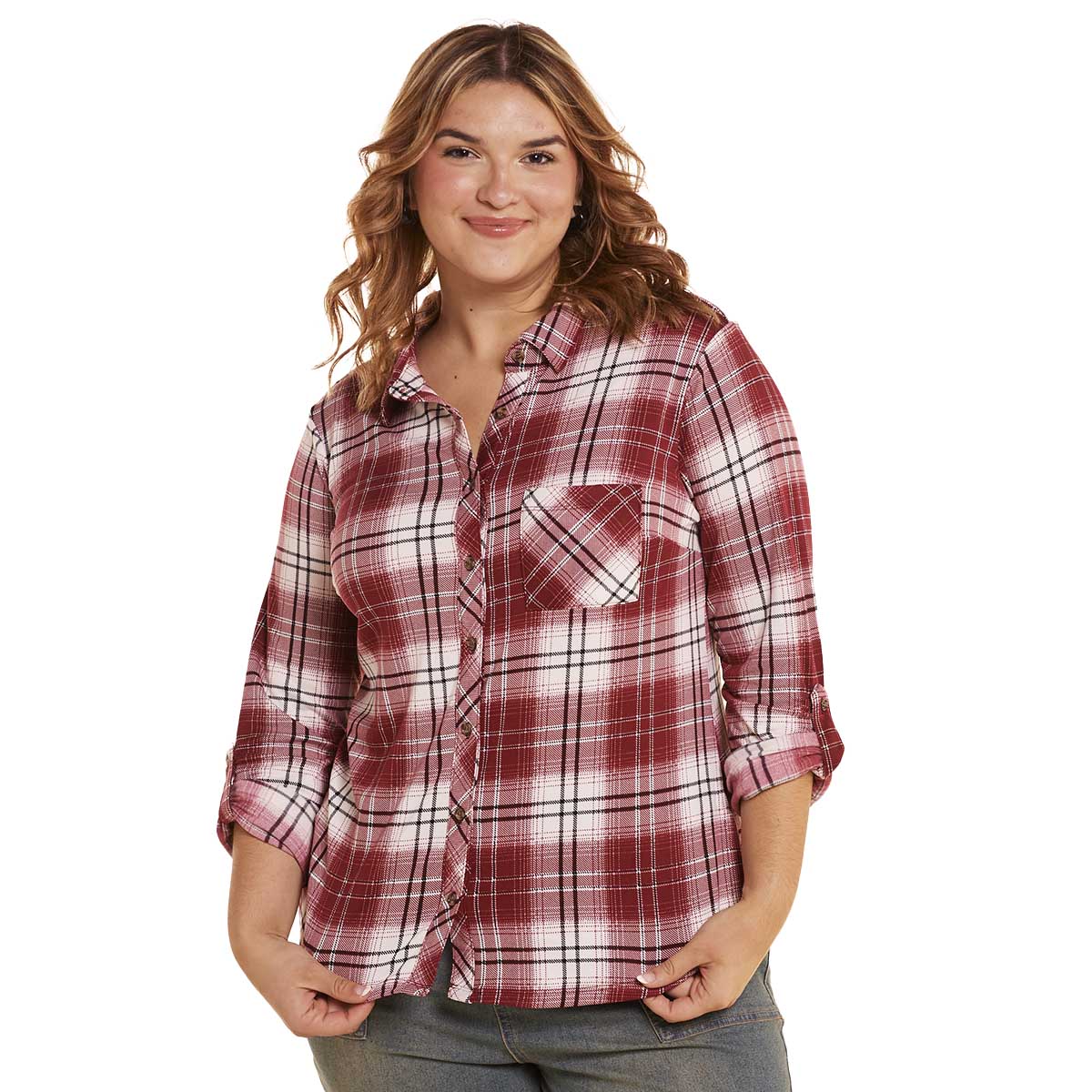 Juniors Plus No Comment Rosewood Flannel Shirt