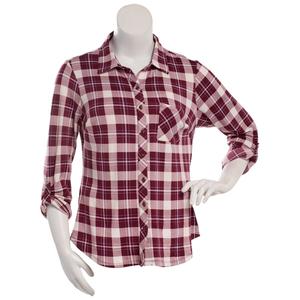 Juniors Plus No Comment Fleece Plaid Flannel -Maroon