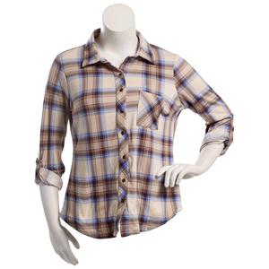 Juniors Plus No Comment Fleece Lined Plaid Flannel - Tan alternate view