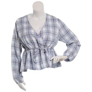 Juniors Plus No Comment Long Sleeve Plaid Surplice Babydoll Top alternate view