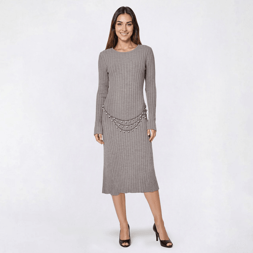 Womens Madison Hudson Long Sleeve Solid Pearl Belt Maxi Dress