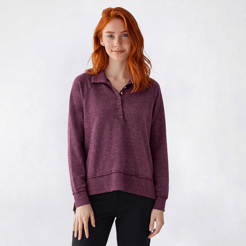 Juniors No Comment Washed Fleece Henley Button Collar Pullover