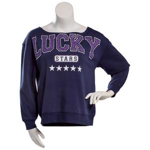 Juniors No Comment Wide Boat Neck Fleece Lucky Stars Pullover