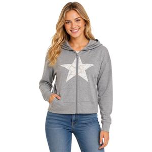 Juniors No Comment Fleece Back Twill Zip Hoodie- Grey
