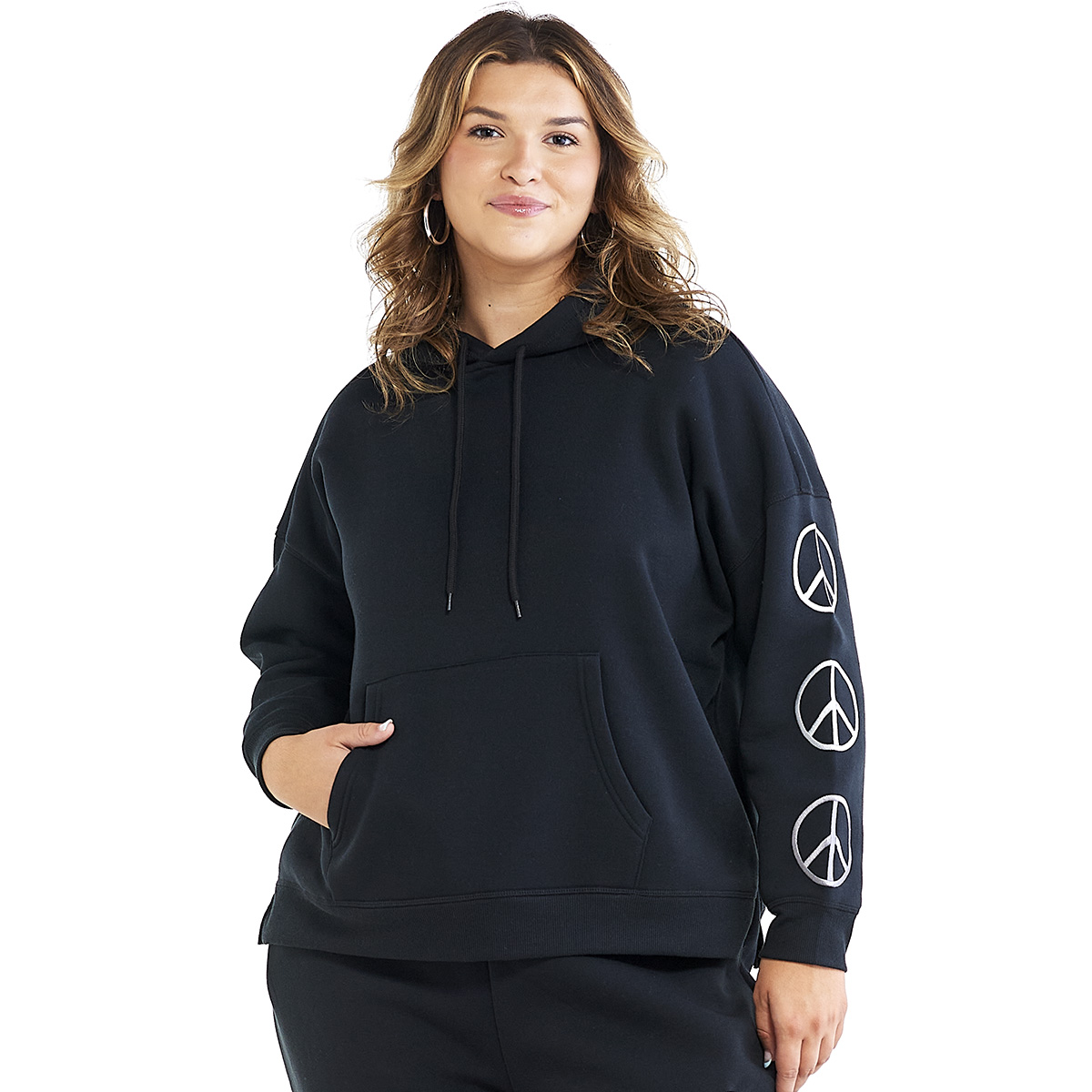 Juniors Plus No Comment Embroidered Sleeve Fleece Hoodie-Black