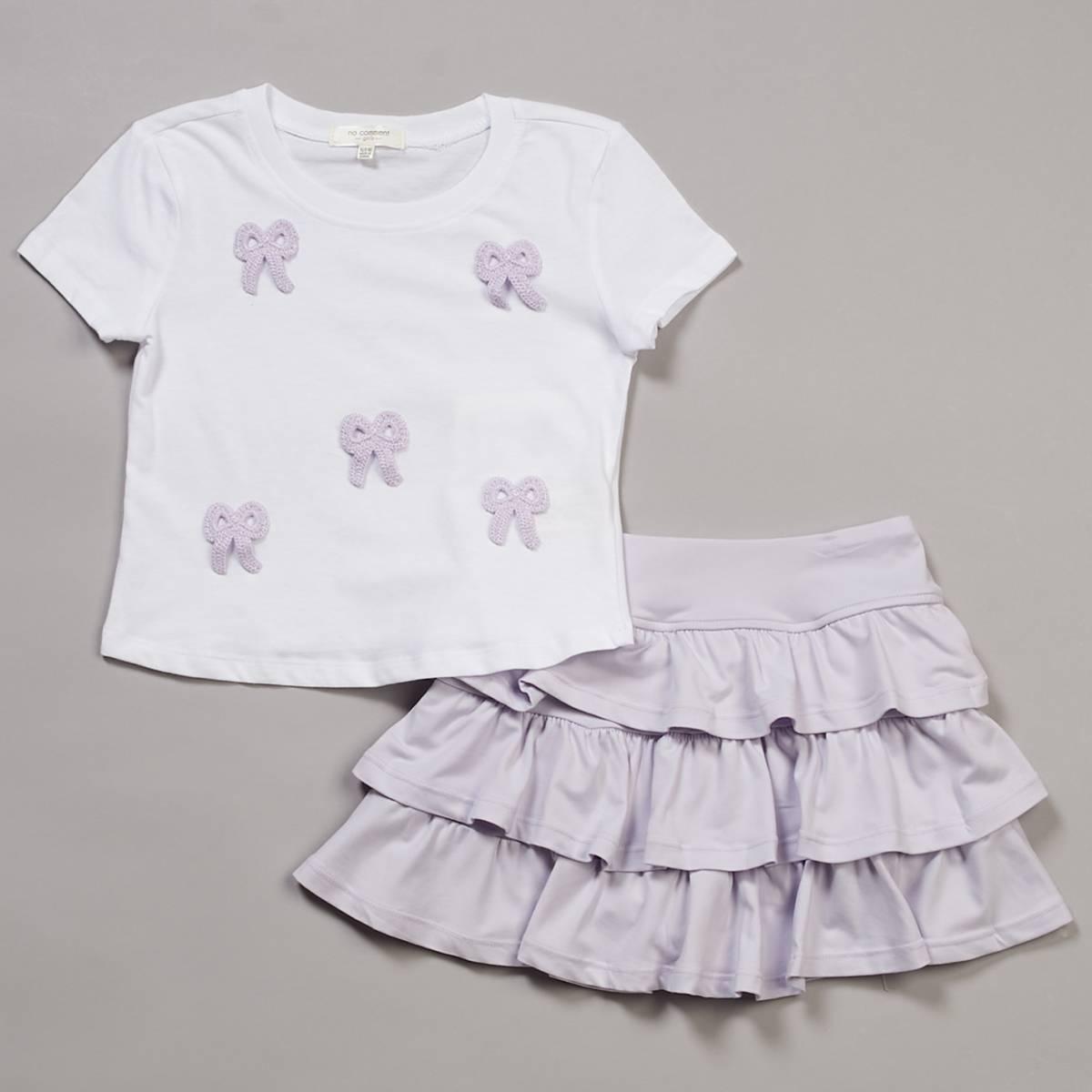 Girls 7-16 No Comment Short Sleeve Bow Tee w Tiered Skort Set 19$