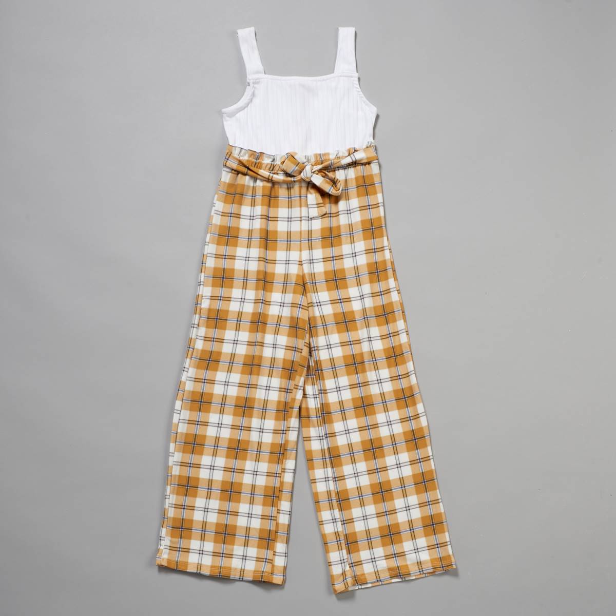 Girls (7-16) No Comment Paperbag Plaid Jumpsuit W/Solid Rib Top