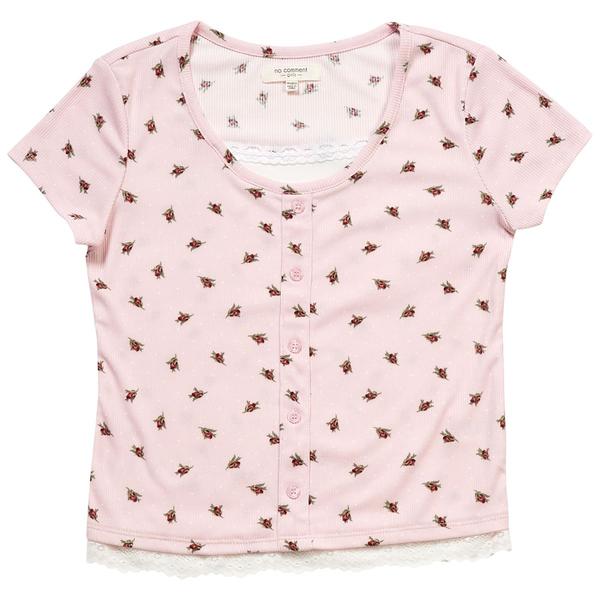 Girls (7-16) No Comment Short Sleeve Floral/Dots Lace Trim Tee
