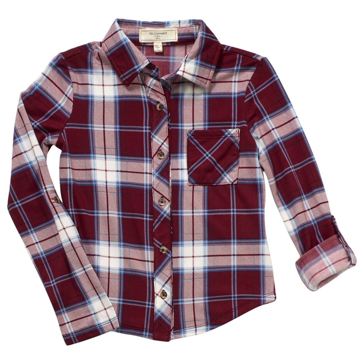 Girls (7-16) No Comment Fleece Back Yummy Shirt - Roy Plaid Red