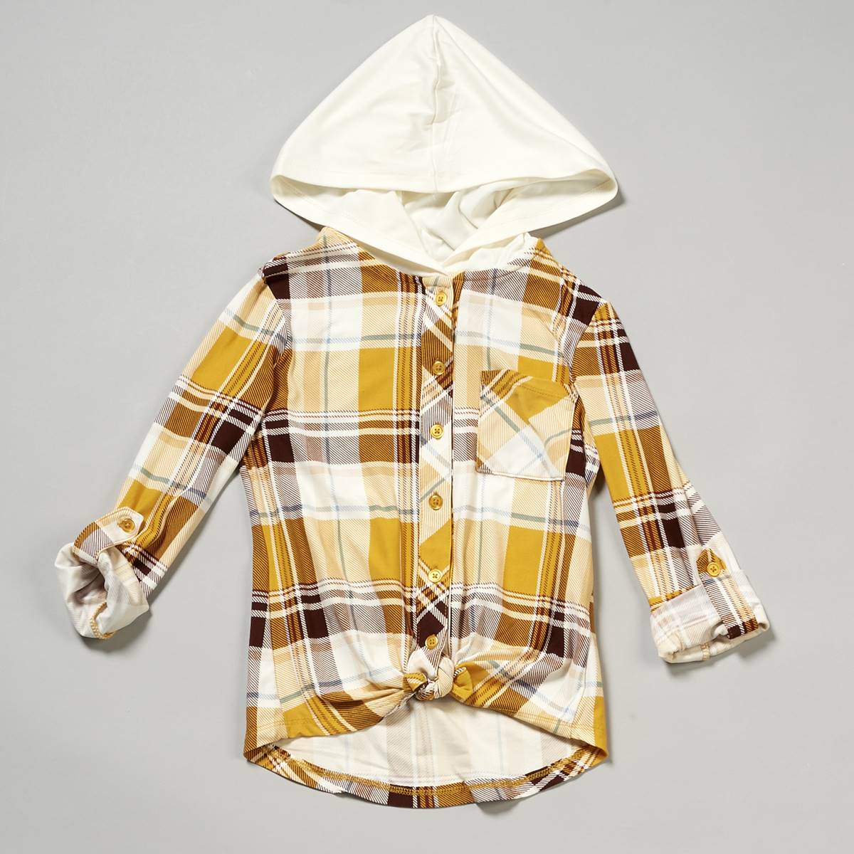 Girls (7-16) No Comment Hooded Button Down Top - Barath Plaid