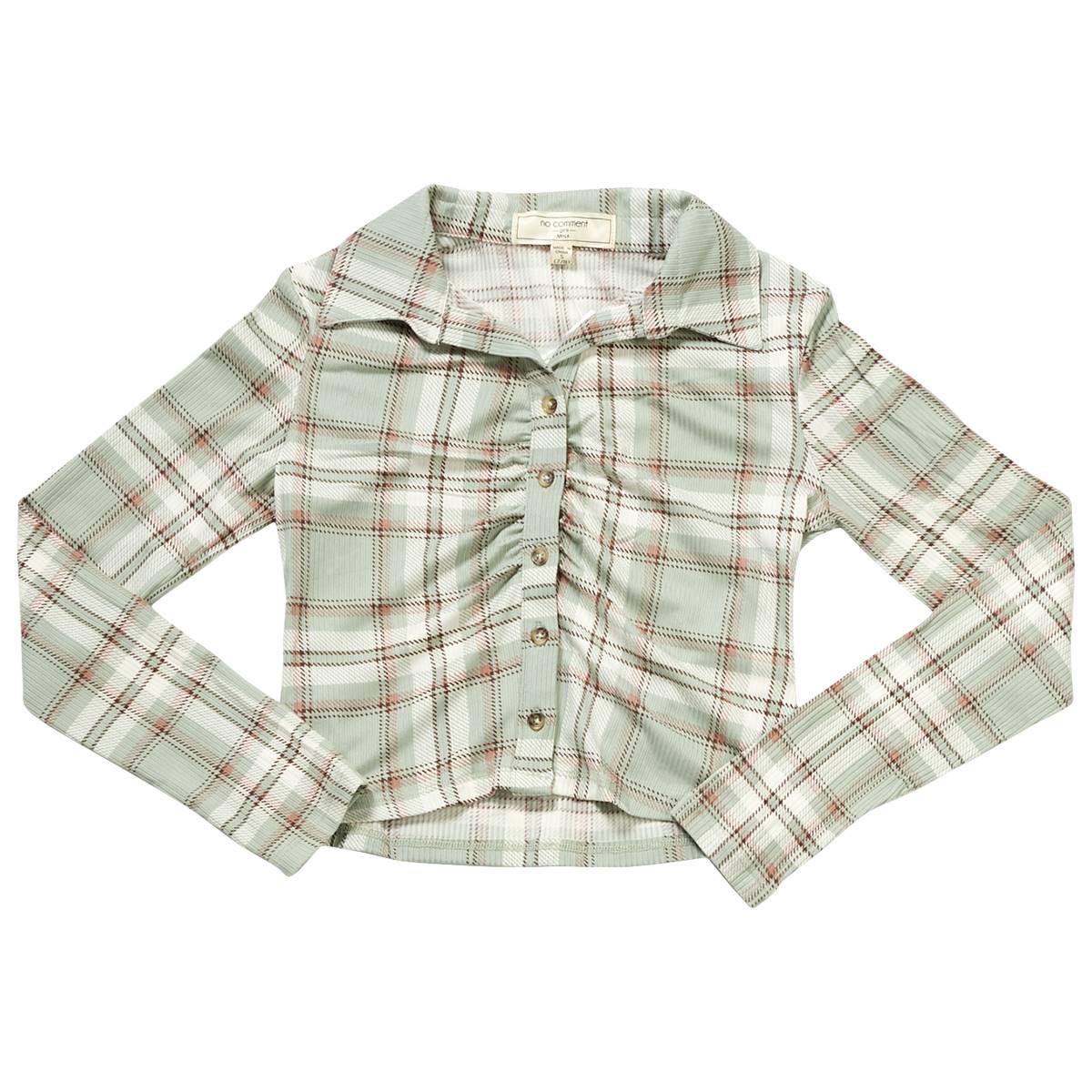 Girls (7-16) No Comment Ruched Button Front Shirt - Hugo Plaid