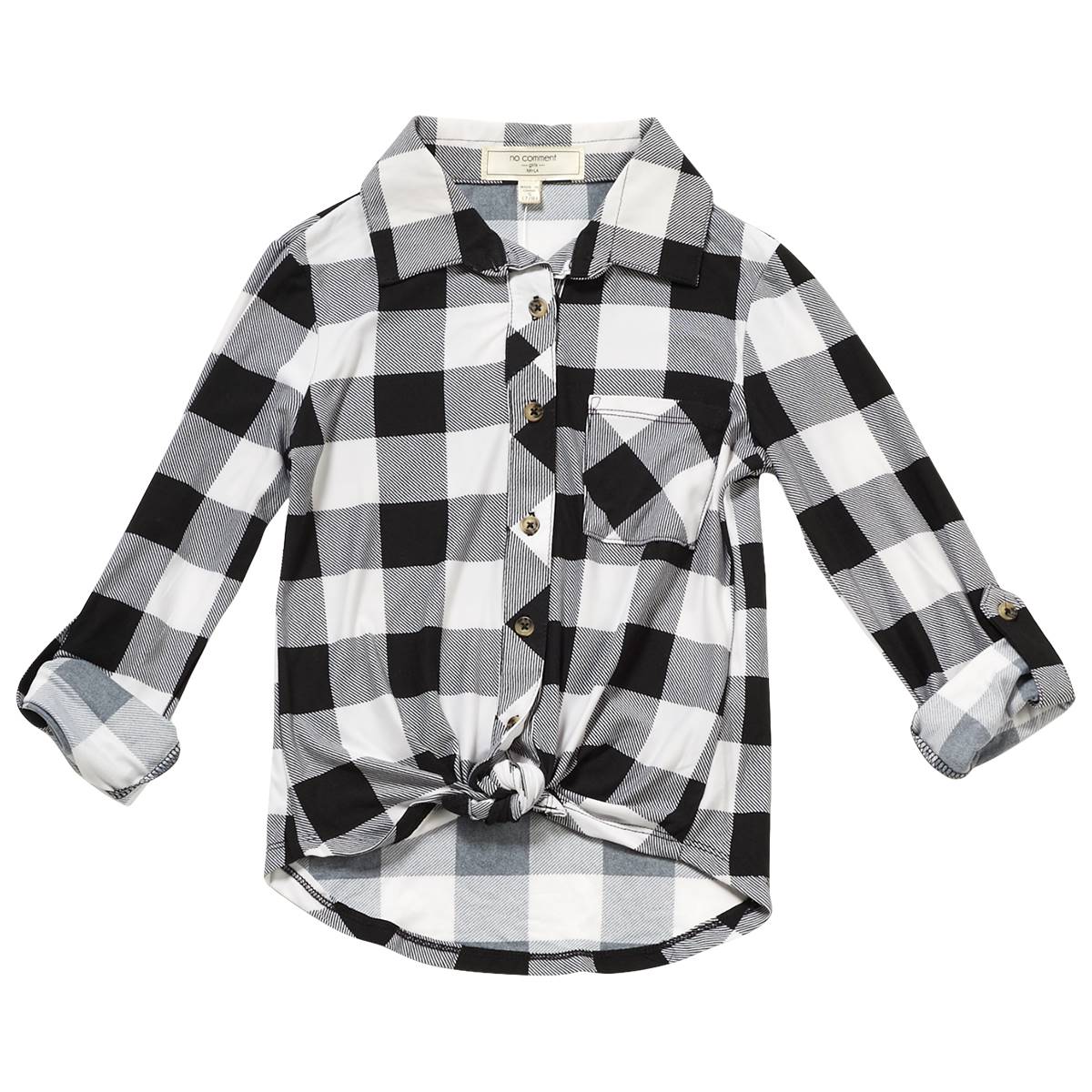 Girls (7-16) No Comment Button Down Top - Buffalo Plaid