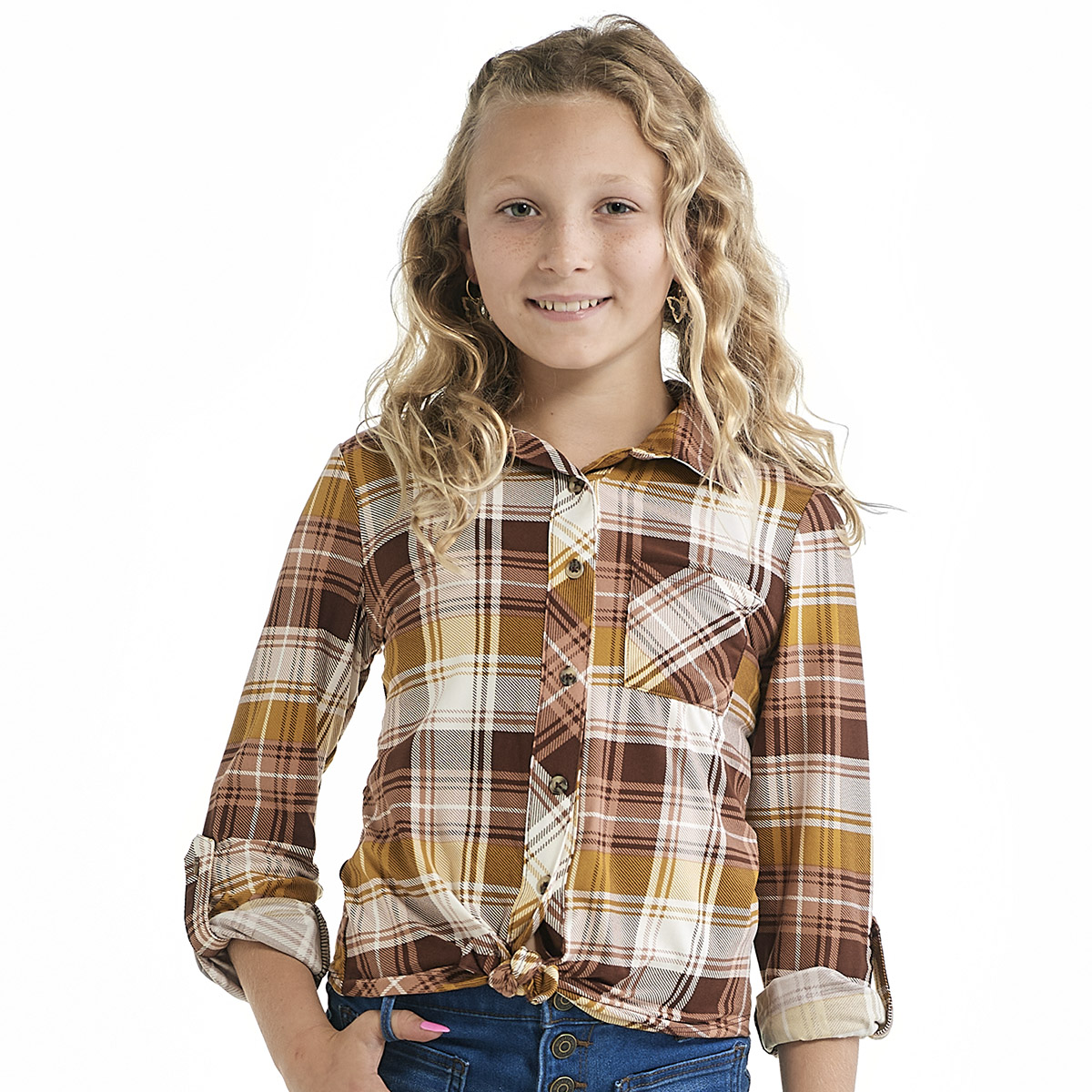 Girls (7-16) No Comment Button Down Top - Maegell Plaid