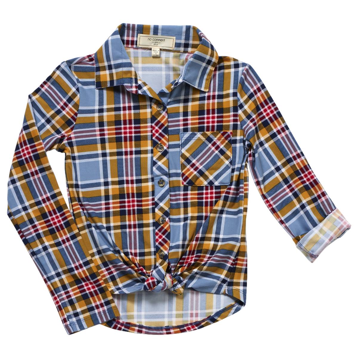 Girls (7-16) No Comment Button Down Top - Maple Plaid