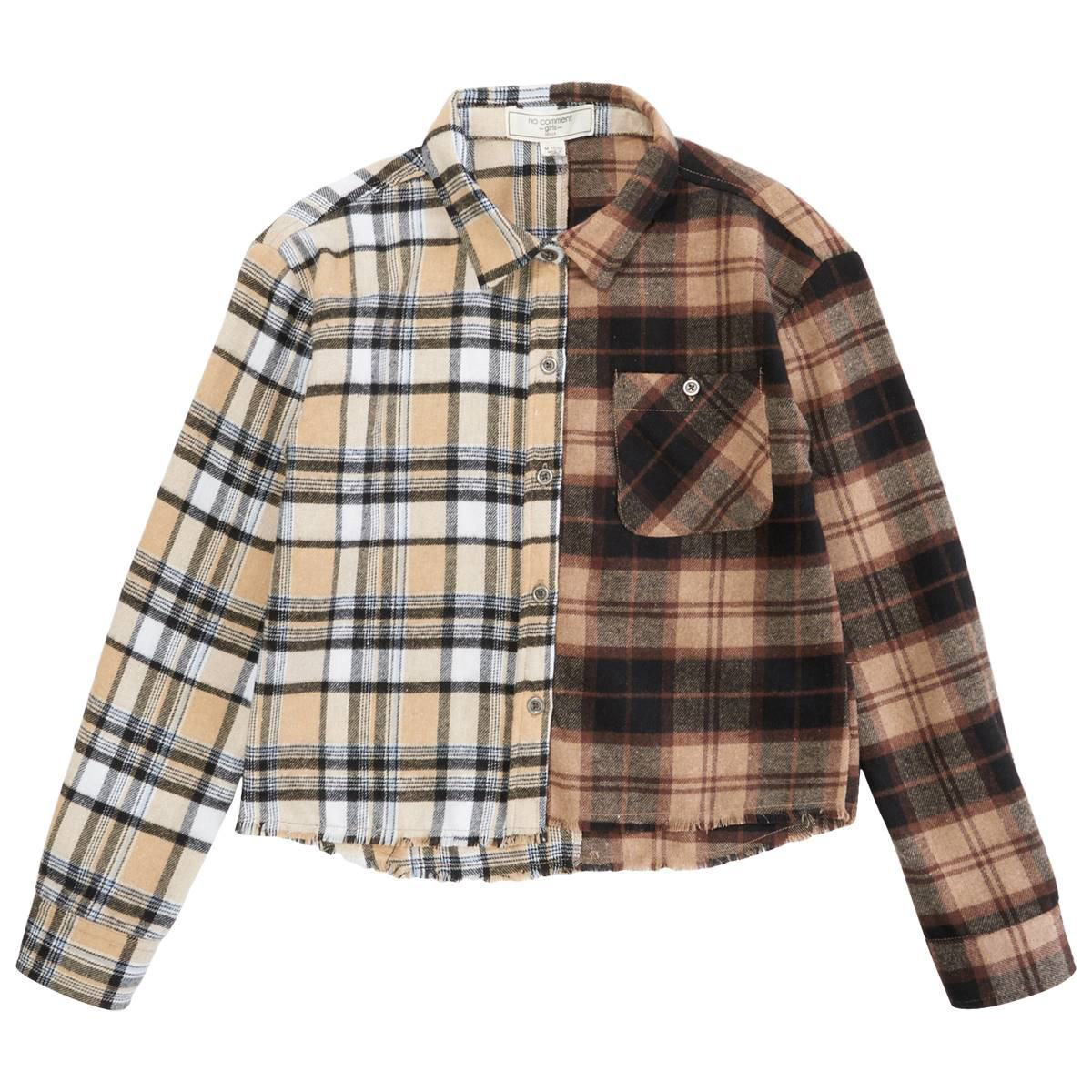 Girls (7-16) No Comment Split Plaid Drop Shoulder Top - Brown