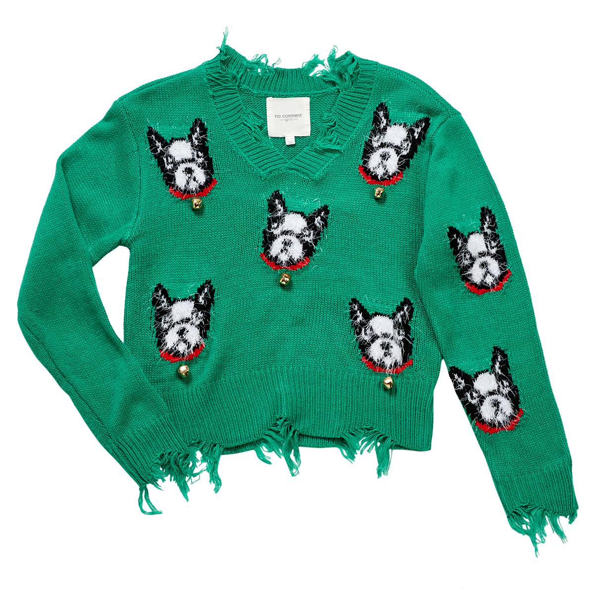 Girls (7-16) No Comment Distressed Frenchie Christmas Sweater