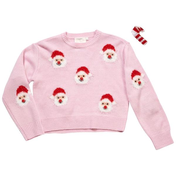 Girls (7-16) No Comment Santa Sweatshirt w/ Candy Cane Hair Clip