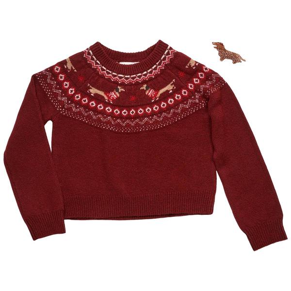 Girls (7-16) No Comment Weiner Dog Fair Isle Chenille Sweater