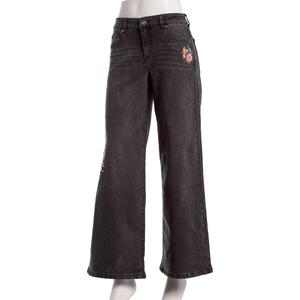 Juniors No Comment Mid Rise Wide Leg Floral Embroidered Jeans