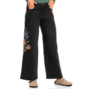 Juniors No Comment Mid Rise Wide Leg Floral Embroidered Jeans
