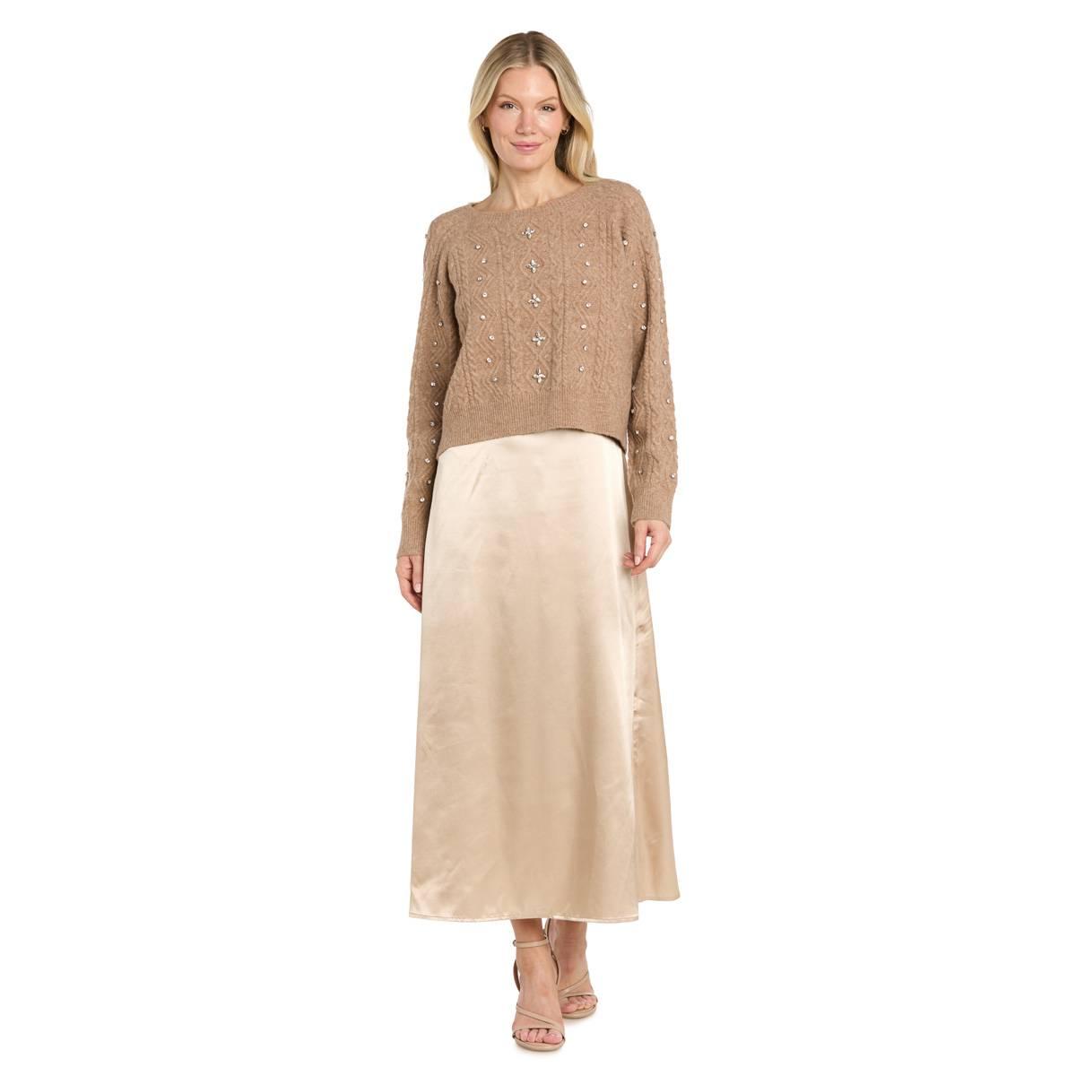 R & M Richards Women's 2-peice Satin Dress with Cropped Sweater - latte