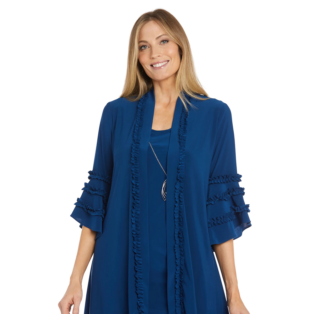 Womens R&M Richards Ruffle Trim Bell Sleeve Solid Jacket Dress