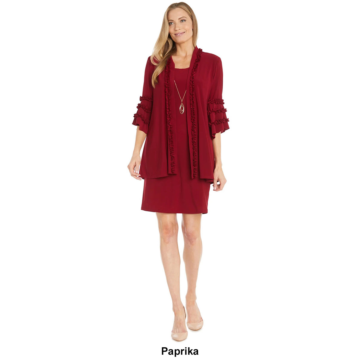 Womens R&M Richards Ruffle Trim Bell Sleeve Solid Jacket Dress