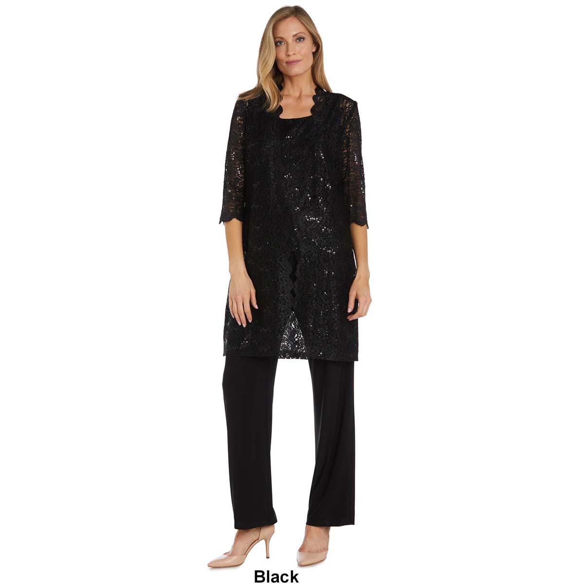 Womens R&M Richards Scallop Lace Duster Pants Set