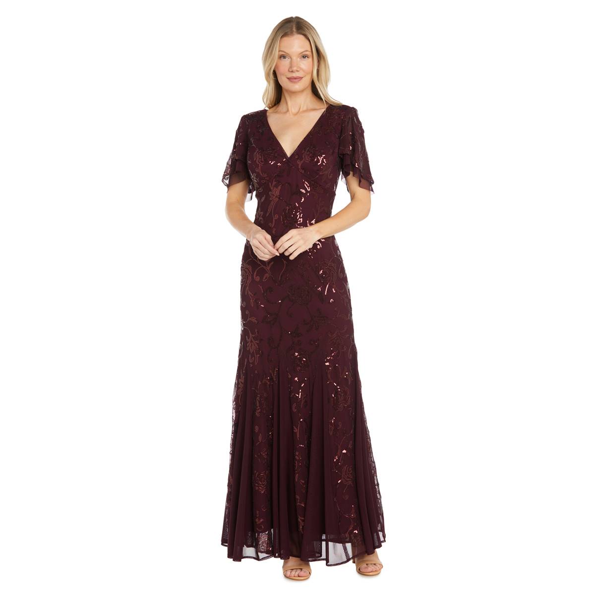 Womens R&M Richards Short Sleeve V-Neck Lace Sequin Evening Gown