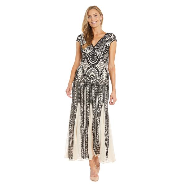 Womens R&M Richards Cap Sleeve V Neck Two-Tone Beaded Gown