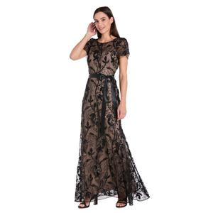 Womens R&M Richards Short Sleeve Floral Embroidered Evening Gown