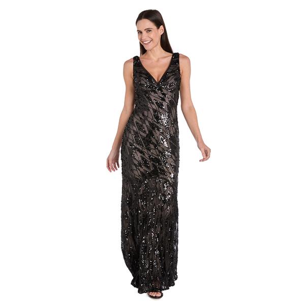Womens R&M Richards Sleeveless V Neck Beaded Diamond Gown