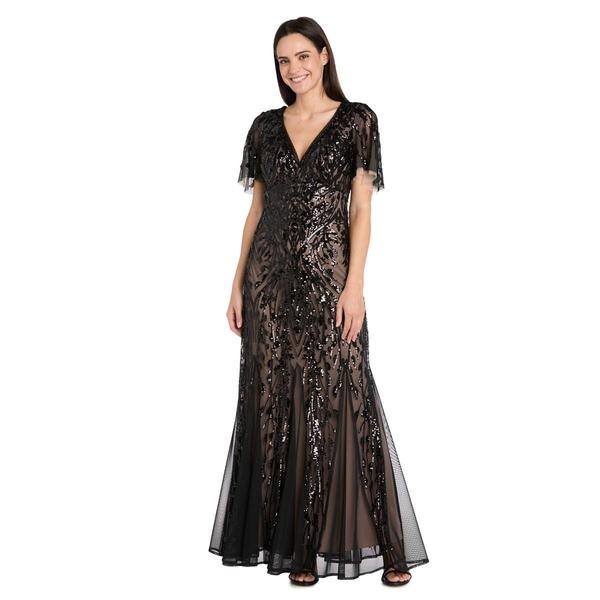 Plus Size R&M Richards Flutter Sleeve V-Neck Sequin Evening Gown