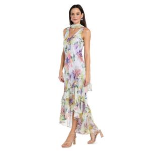 Womens R&M Richards Sleeveless Floral Hi Low Dress with Scarf