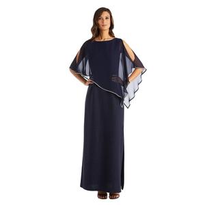 Petite R&M Richards Sheer Asymmetric Poncho Metallic Gown