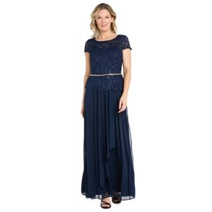 Womens R&M Richards Short Sleeve Scalloped Lace Evening Gown